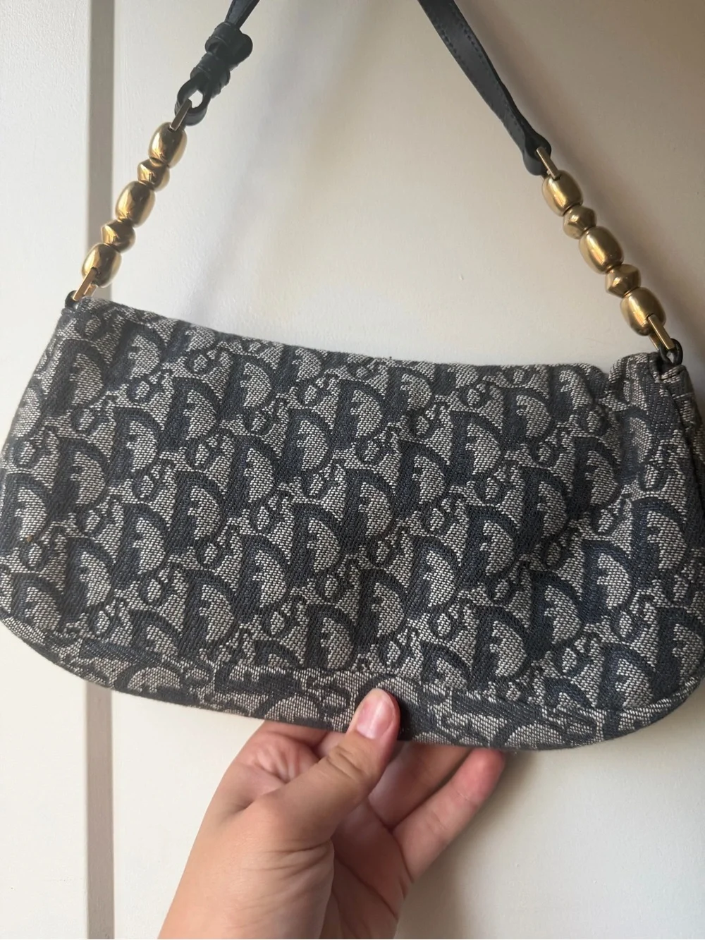 Dior Navy and Beige Logo Jacquard Crossbody Bag with Gold-Tone Accent